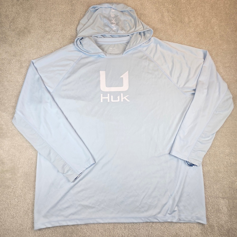 Huk Performance Fishing Hoodie Mens XXL Light Blue Long Sleeve Sun Shirt
